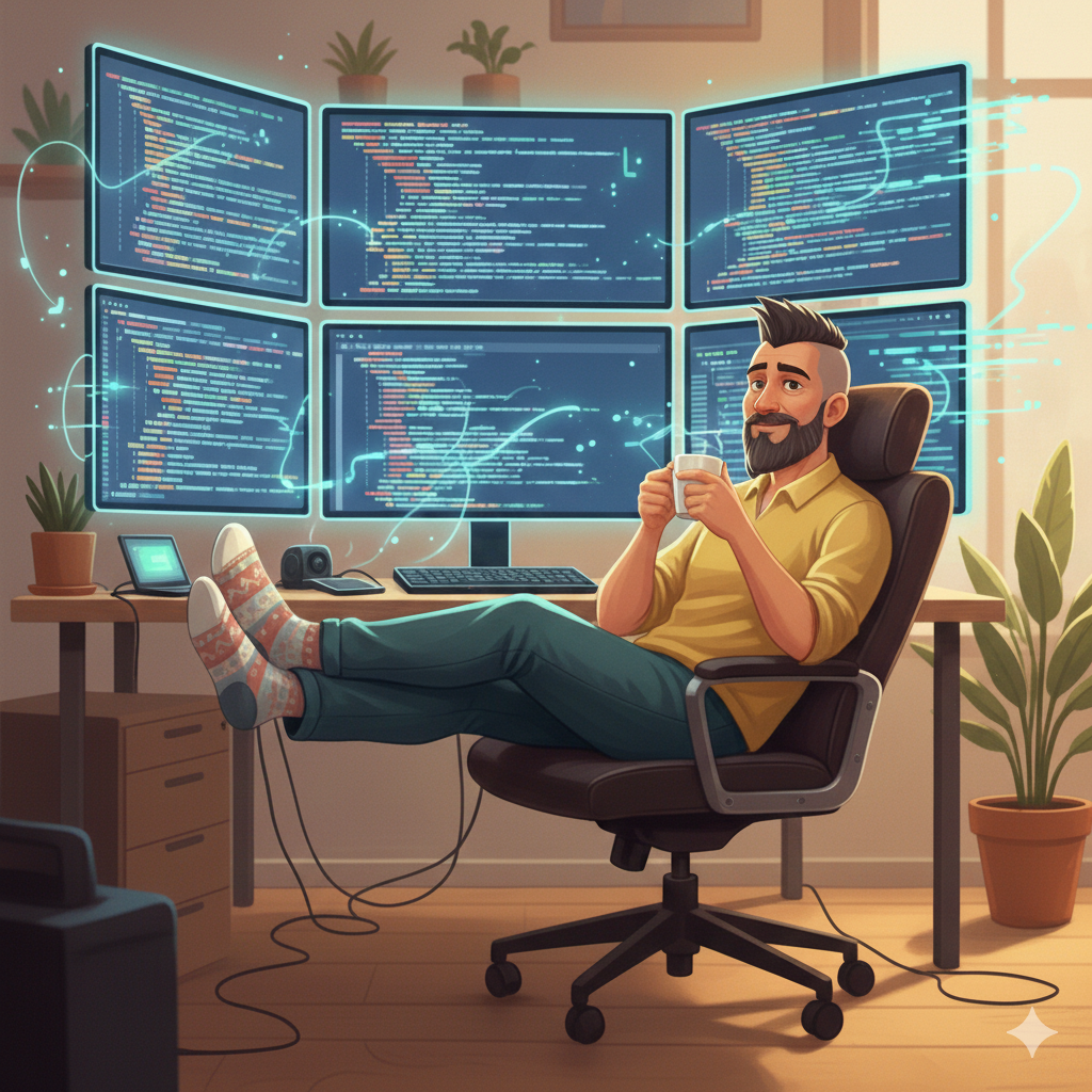 An image of a developer relaxing in a chair while six computer monitors show code writing itself