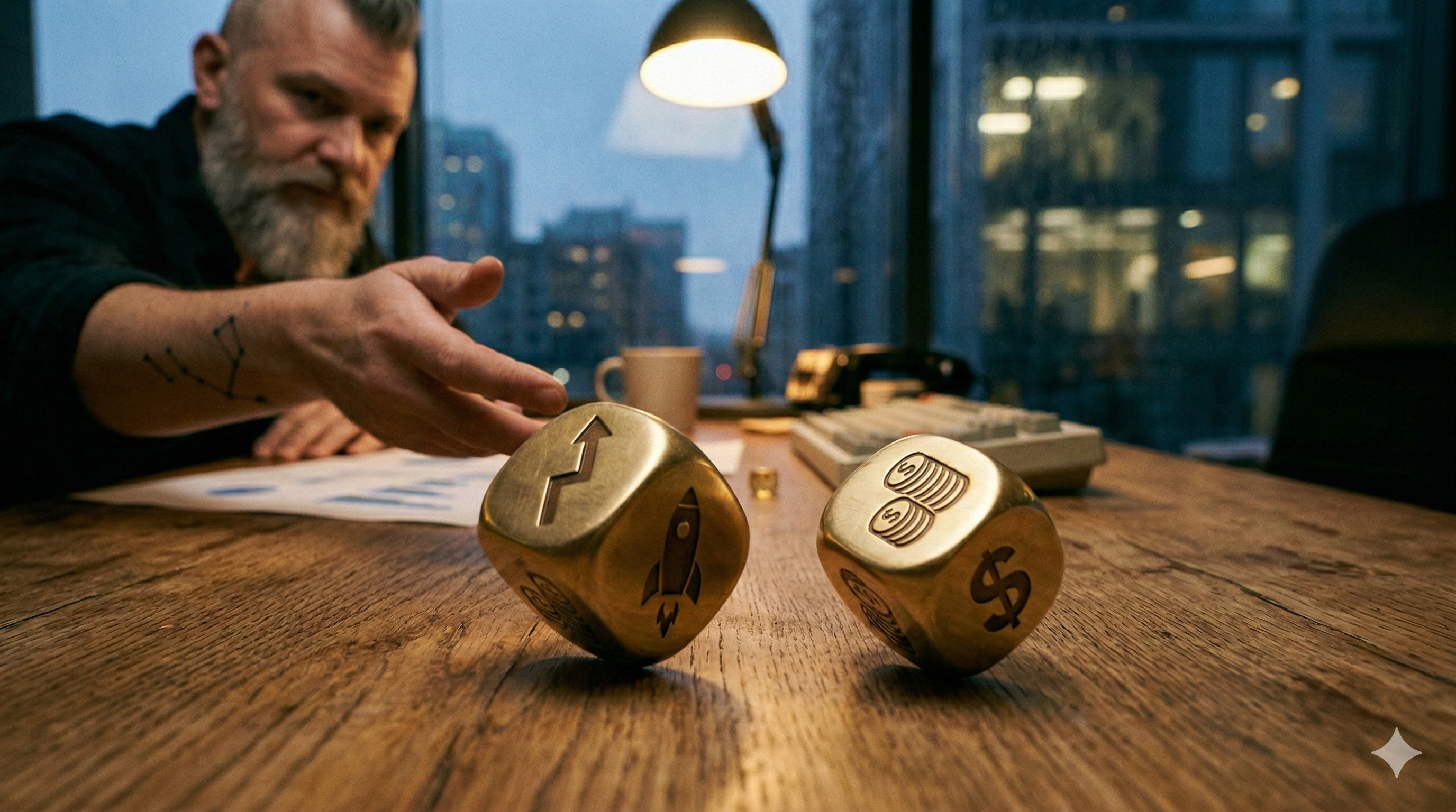 A bearded man rolling golden dice with startup symbols on them across a wooden desk