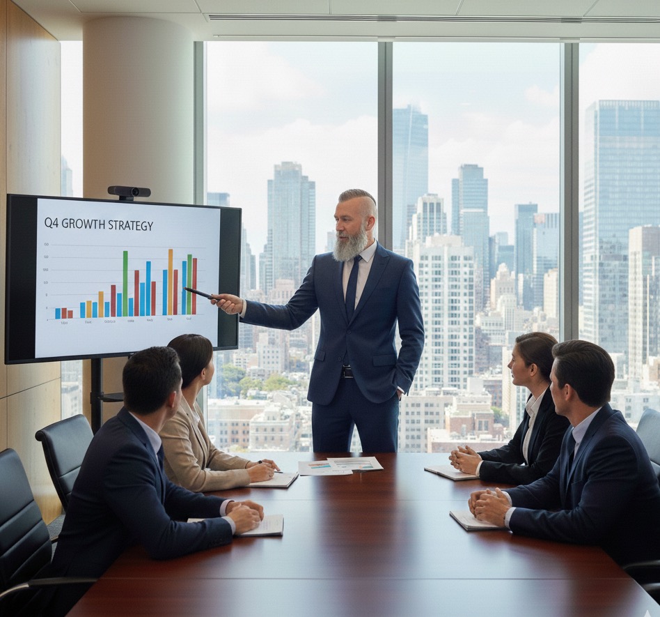 Bearded man with a mohawk wearing a suit giving a business presentation in a corporate office